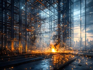 Futuristic Cityscape with Glowing Skyscrapers and Neon Lights in a Dramatic Nighttime Landscape