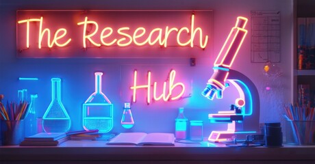 Neon sign research hub microscope study materials bright colorful realistic photo