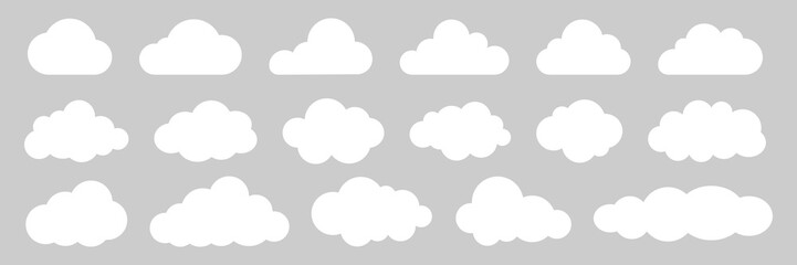 Collection of cloud icons in various shapes. Cloud shapes in white on a gray background. Simple cloud designs for weather, cloud computing, or decoration. Weather illustration, vector set.