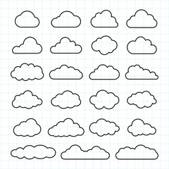 Grid with 25 cloud icons. Simple cloud shapes, outlined in black. Repeated cloud patterns. Minimalist cloud design. Perfect for cloud-themed projects. Weather illustration, vector set.