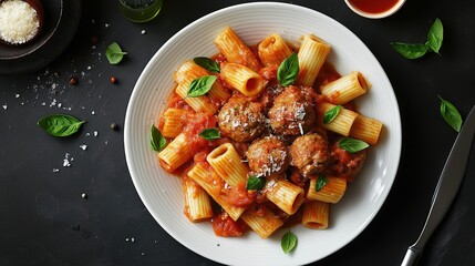 Photo of Rigatoni with Meatballs, Tomato Sauce on a white plate, top view, food photography, dark background, delicious, minimalistic kitchen setting, 