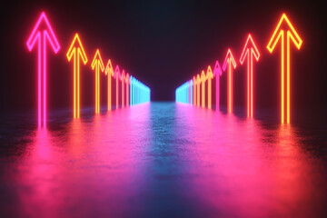 Vibrant neon arrows illuminating a reflective surface, guiding the way forward.