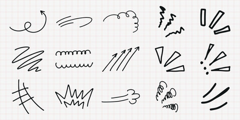 A collection of hand-drawn doodles on grid paper, featuring arrows, squiggles, and exclamation marks. Doodles include arrows, squiggles, and dynamic lines. Black hand drawn elements, vector set.