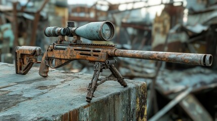 Rusty Sniper Rifle in a Post-Apocalyptic Landscape