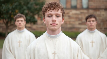 Obraz premium Three seminarians pose outside a church; faith, vocation