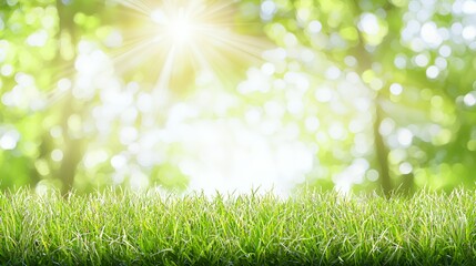 Obraz premium Bright Sunlight on Lush Green Grass and Defocused Trees