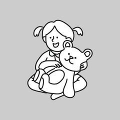 Little girl with teddy bear line drawing collage element vector