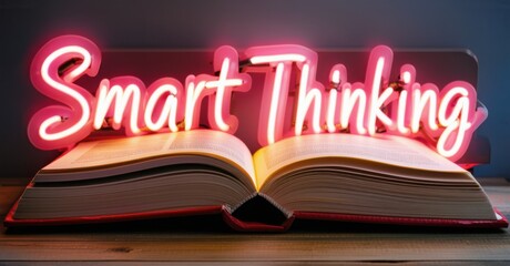 Neon sign smart thinking light bulb open book pages bright colorful realistic photo