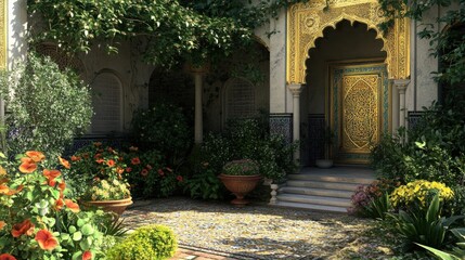 Fototapeta premium Ornate Doorway Surrounded by Lush Gardens and Vibrant Flowers