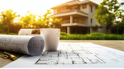 Planning a dream retirement home with a blueprint and financial documents, copy space on the left.