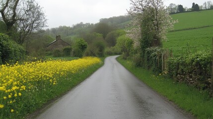 Naklejka premium Country Road, Fields, Cloudy Day