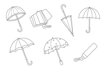Set of different umbrellas, line art. Rainy seasons. Open and folded umbrellas, walking stick, automatic collapsible. Hand drawn, outline. Vector illustration isolated on white background. © Nadiia