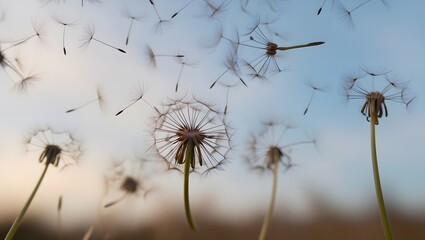 Obraz premium Multiple Dandelions in the Air Against a Soft, Pastel Blue Sky