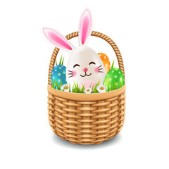 Cute Easter bunny egg with ears and face in a basket, on a white background.