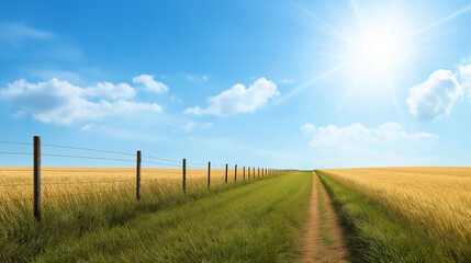 A rural landscape where a fence draws a clear boundary between thriving green grass and sun-scorched golden fields. A straight dirt road acts as a dividing line.