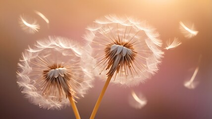 Fototapeta premium dandelion seeds illuminated by warm golden hour sunlight..every separate