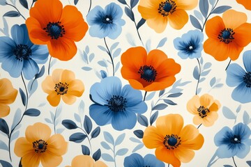 Vibrant Floral Pattern Featuring Blue and Orange Flowers on a Light Background