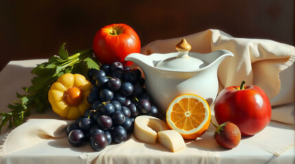 Still Life Painting of Teapot with Grapes, Orange, Apples, Bell Pepper, and Strawberry on Draped Table with Warm Lighting