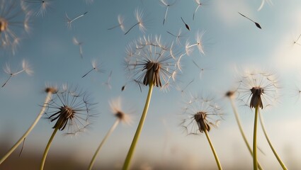 Obraz premium Multiple Dandelions in the Air Against a Soft, Pastel Blue Sky