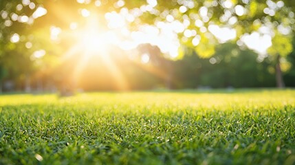 Bright Sunlight on Lush Green Grass in a Park