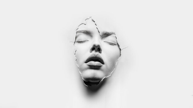 visage de femme, les yeux ferm&eacute;s, qui sort d'un trou dans une feuille de papier - noir et blanc