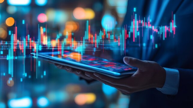 Financial analyst reviewing diverse investment strategies with a digital tablet, copy space on the right.