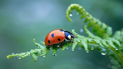 Fototapeta premium Red Ladybug on Green Fern with Dewdrops in Serene Nature Close-Up
