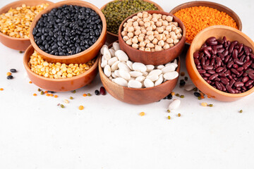 Various dried legumes, lentils, chikpeas, beans assortment