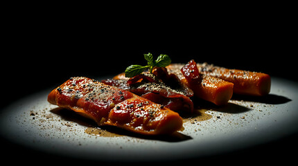 Elegant High-Contrast Photograph of Seared Salmon Fillets Garnished with Fresh Herbs and Cracked Black Pepper on Dark Surface