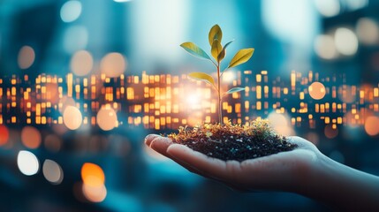 Hand Holding Small Plant with Stock Market Data Background, Growth and Investment Concept