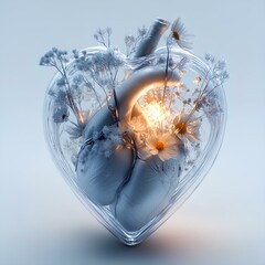 highly detailed 3D render of a human heart made of transparent glass, inside of which delicate wildflowers are growing