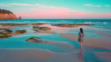 Tranquil Scene of a Person Walking on a Pink-Hued Beach at Sunset