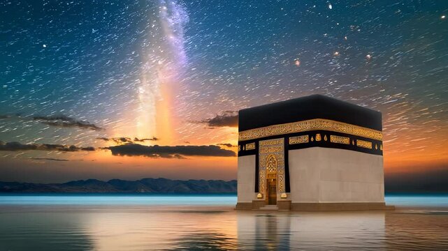 Kaaba Suspended in Endless Sky with Glowing Clouds
