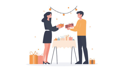 Fototapeta premium A digital illustration depicts a man and a woman exchanging gifts at a small table. The style is minimalist and flat, with simple shapes and bright colors. The background is white with minimal
