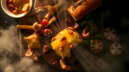 Cozy Rustic Food Platter: Melted Cheese with Croutons, Assorted Breads, Sausages, Vegetables, and Dramatic Lighting on Wooden Board
