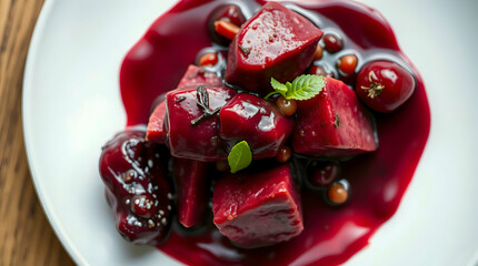 Close-Up Photograph of Gourmet Dish with Vibrant Beetroot Cubes, Red Sauce, Dark Berries, and Fresh Mint on Rustic Plate