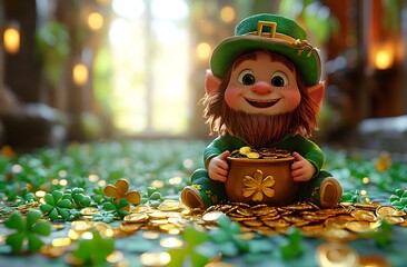 : Cheerful Cartoon Leprechaun Sitting on Grass with Gold Coins and Shamrocks