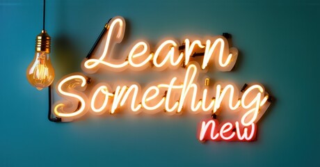 Neon sign learn something new bright idea bulb study notes colorful realistic photo