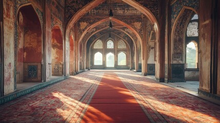 Empty Historical Hallway with Intricate Architecture and Sunlight