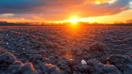 Obraz premium Plowed field sunset landscape, golden hour, rural