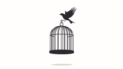 Fototapeta premium A vector illustration depicting a simple, black silhouette of a bird in flight escaping from an open birdcage. The birdcage is also a black silhouette and is positioned below the bird. The