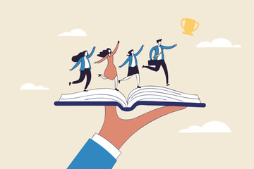 Employee handbook, manual for onboarding new staff, procedure or rule for welcome new hire to know company, business manual for success concept, businessman hand holding handbook with new employees.