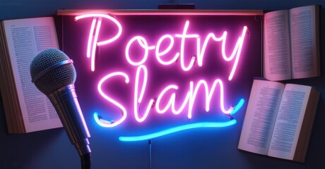 Neon sign poetry slam microphone floating book pages bright colorful realistic photo