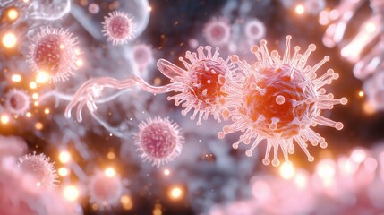 A highly detailed digital visualization of virus cells floating in a microscopic environment. The glowing and dynamic elements make it suitable for medical and scientific applications