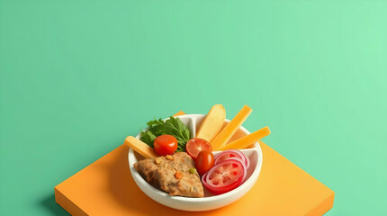 Minimalist Studio Photograph: Fresh Grilled Chicken, Vegetables, and Cheese in White Bowl on Orange Platform with Mint Green Background
