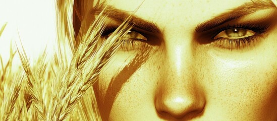 Woman's face, wheat field, sunlit, intense gaze, harvest imagery