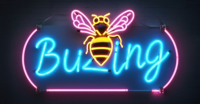 Neon sign spelling bee buzzing floating letters bright colorful realistic photo