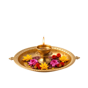 "Traditional Brass Diya with Burning Flame on Decorative Puja Thali Adorned with Vibrant Flowers &ndash; Indian Festive Oil Lamp for Diwali, Pooja, and Spiritual Celebrations"