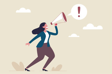 Attention announcement, important message or communicate broadcasting, loudspeaker or exclamation point loud voice concept, confidence businesswoman talking on megaphone with exclamation attention.