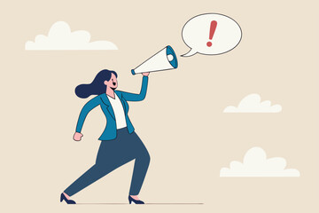 Attention announcement, important message or communicate broadcasting, loudspeaker or exclamation point loud voice concept, confidence businesswoman talking on megaphone with exclamation attention.